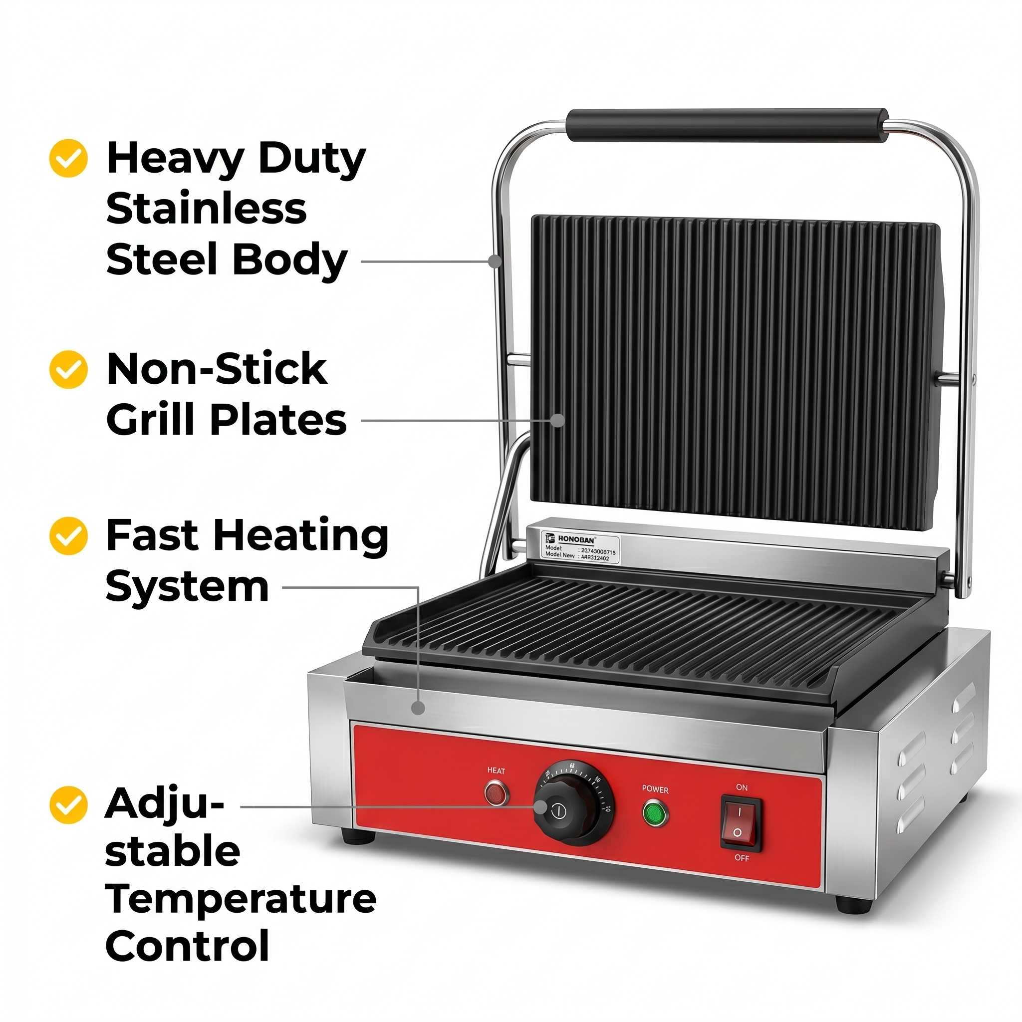 Electric commercial sandwich griller with 14x9 inch non-stick plates - Kitchen Kraft Equipments Pune