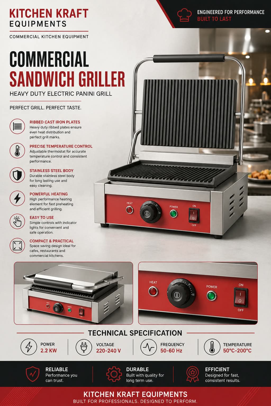 Electric commercial sandwich griller with 14x9 inch non-stick plates - Kitchen Kraft Equipments Pune